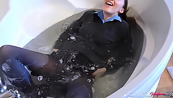 Sophia Smith Uk, A Hot Brunette, Has A Bath And Gets Her New College Uniform Wet.